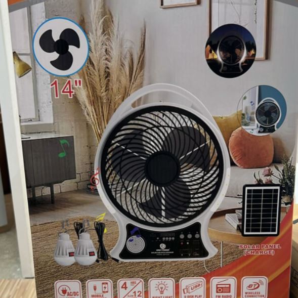 ABANICO RECARGABLE CON LUZ SOLAR CON ALTAVOZ